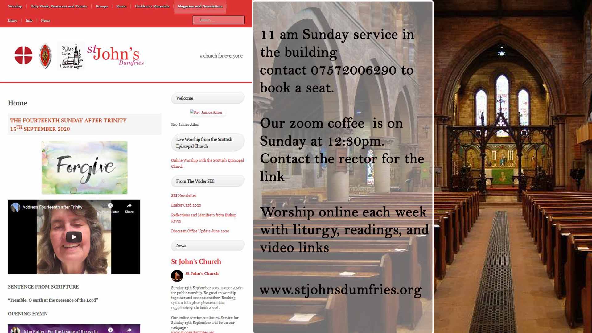 The inside of St Johns and a screenshot of its webpage